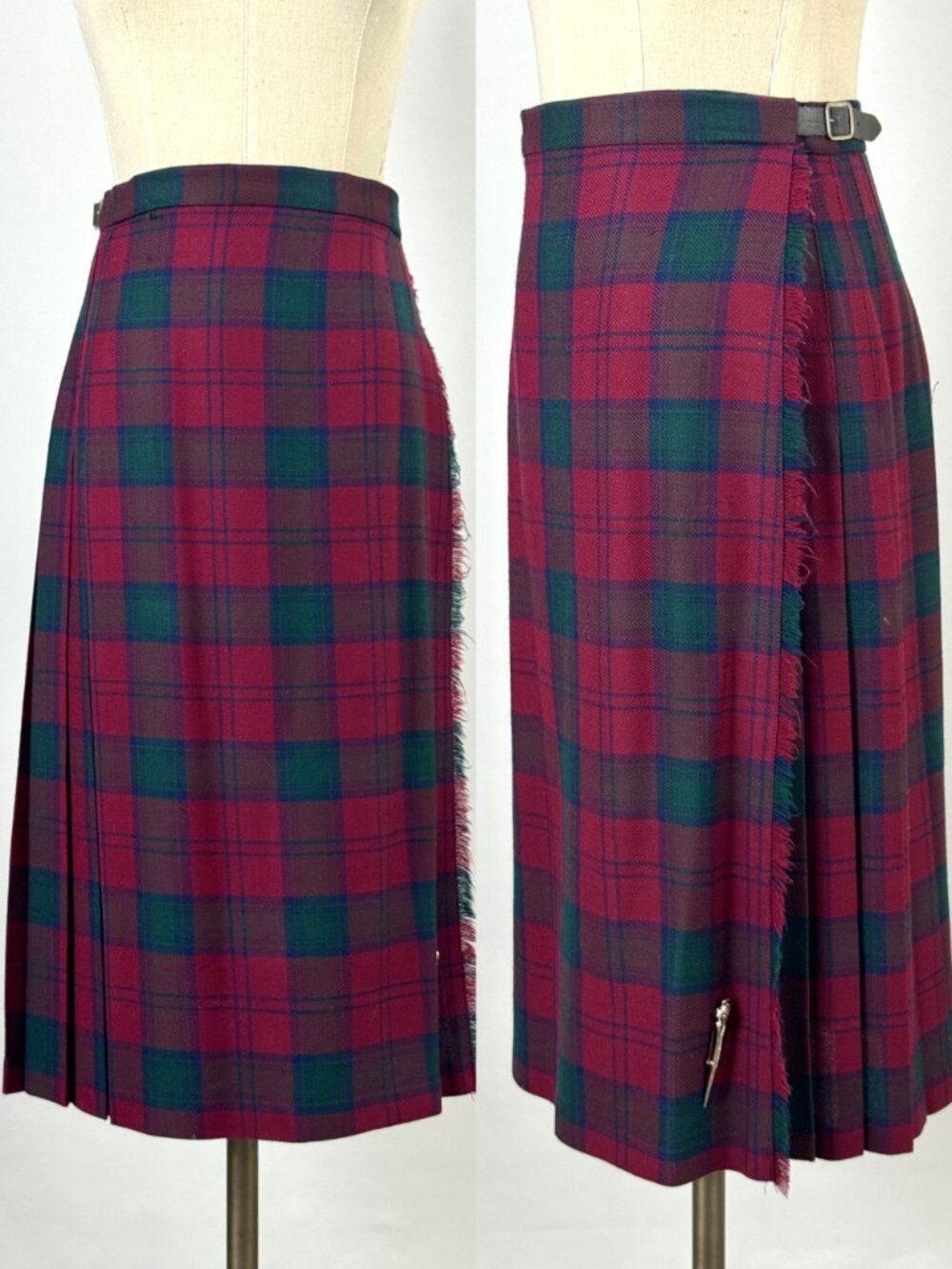 Vtg Edinburgh Woolen Mill Wool Tartan Plaid Wrap Skirt Red Green Kilt Pin Buckle